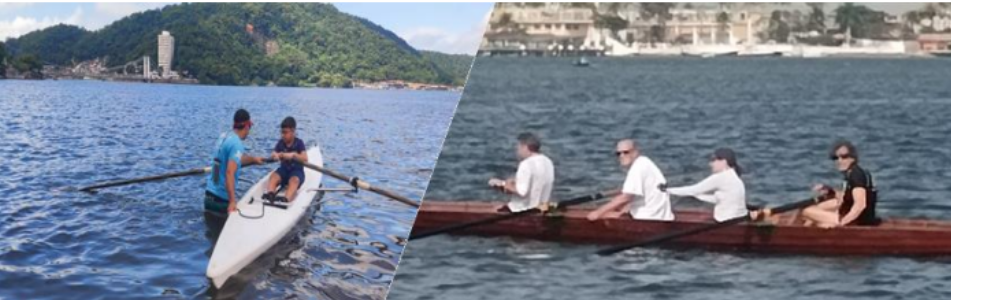 Imagem de pessoas remando com nossos barcos em São Vicente próximo a Ponte Pensil